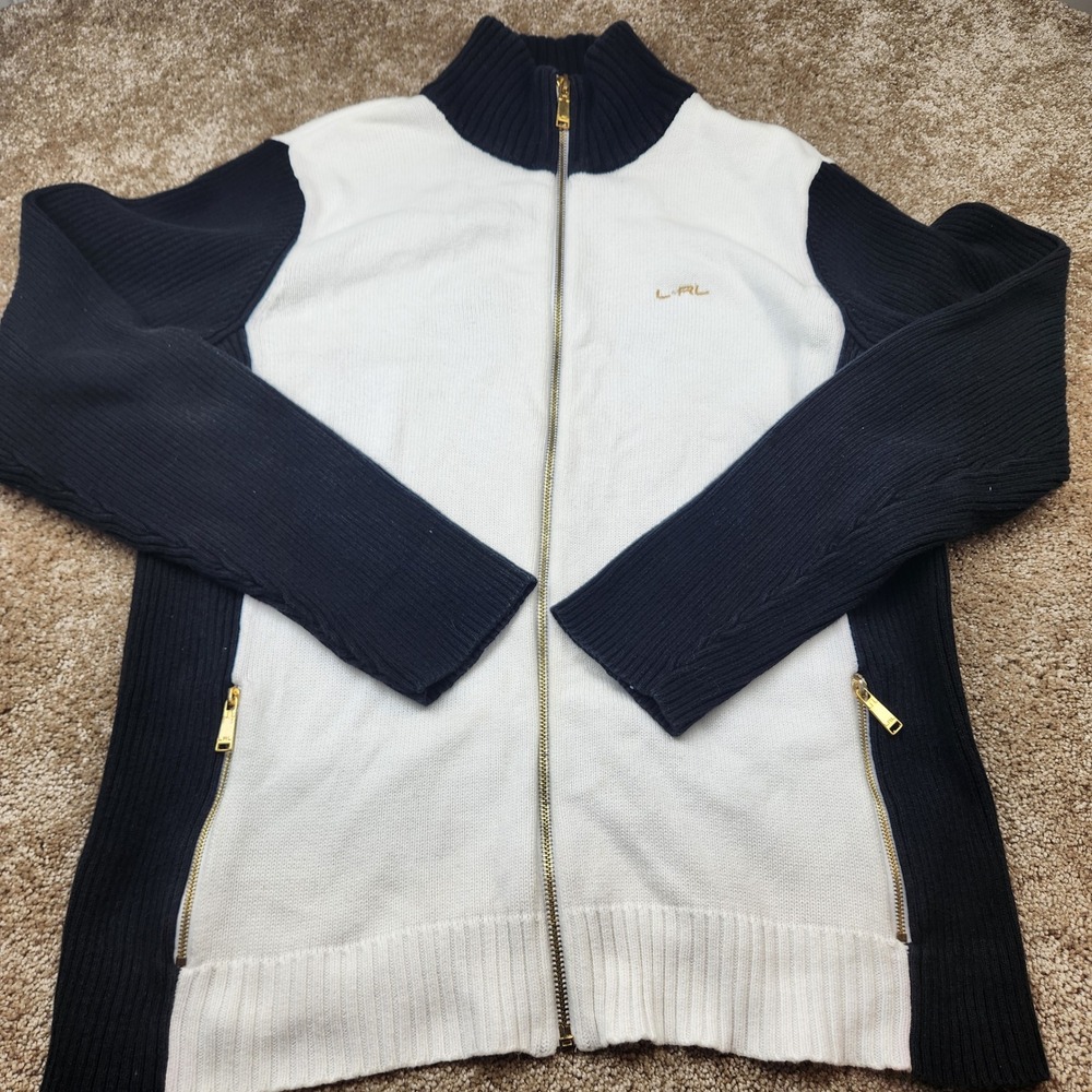 Lauren Ralph Lauren Women XL Full Zip Cardigan Sweater Navy Cotton Mock Neck